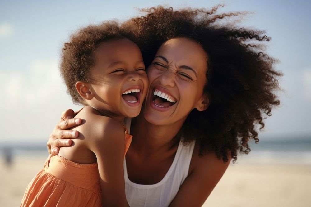Black mum and a child laughing smiling summer. AI generated Image by rawpixel.