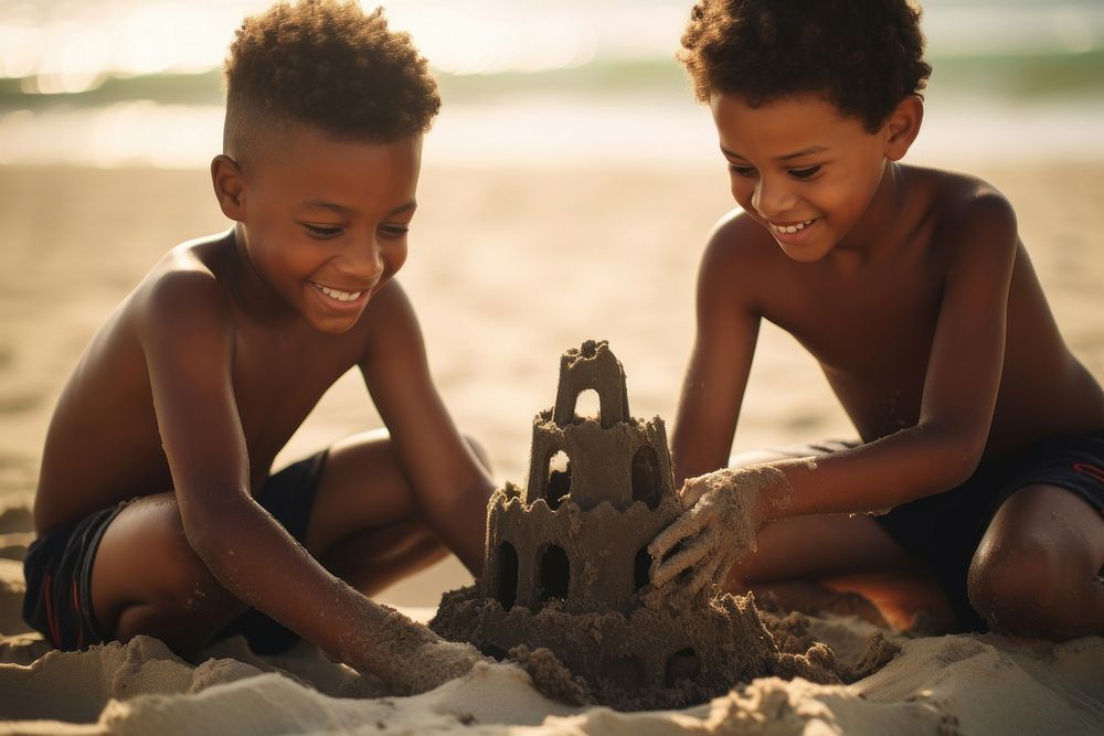 Black kids building sand castle outdoors summer beach. AI generated Image by rawpixel.