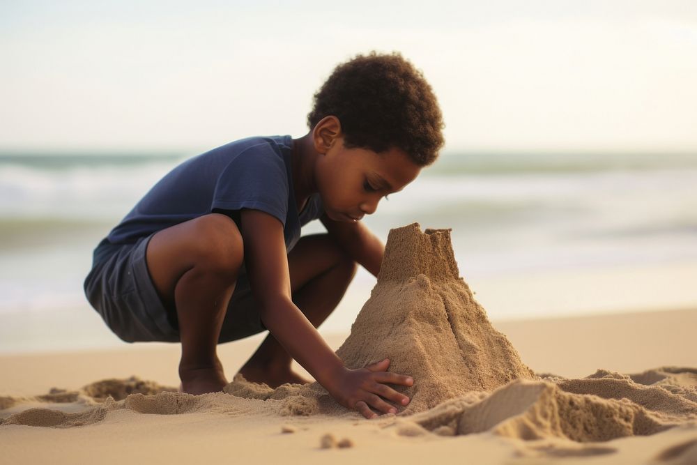 Black kids building sand castle outdoors summer nature. AI generated Image by rawpixel.