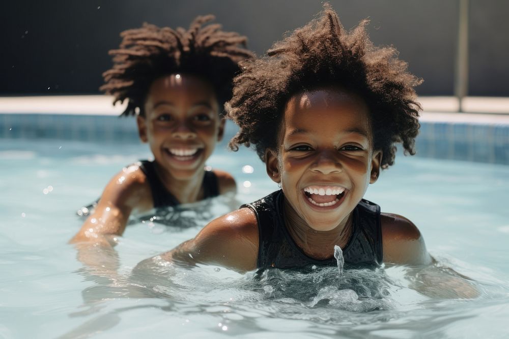 Black kids swimming in a pool photography laughing portrait. AI generated Image by rawpixel.