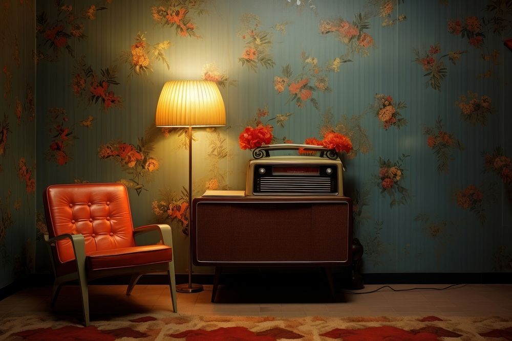 Retro backdrop furniture armchair lamp. AI generated Image by rawpixel.