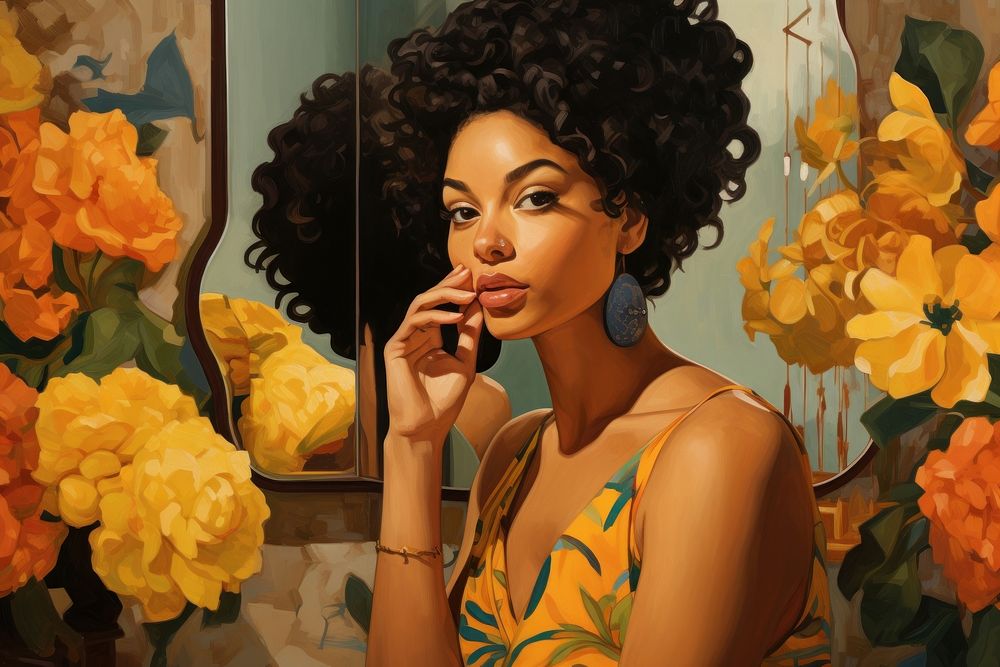 Woman putting her earing in front of mirror painting portrait yellow. AI generated Image by rawpixel.