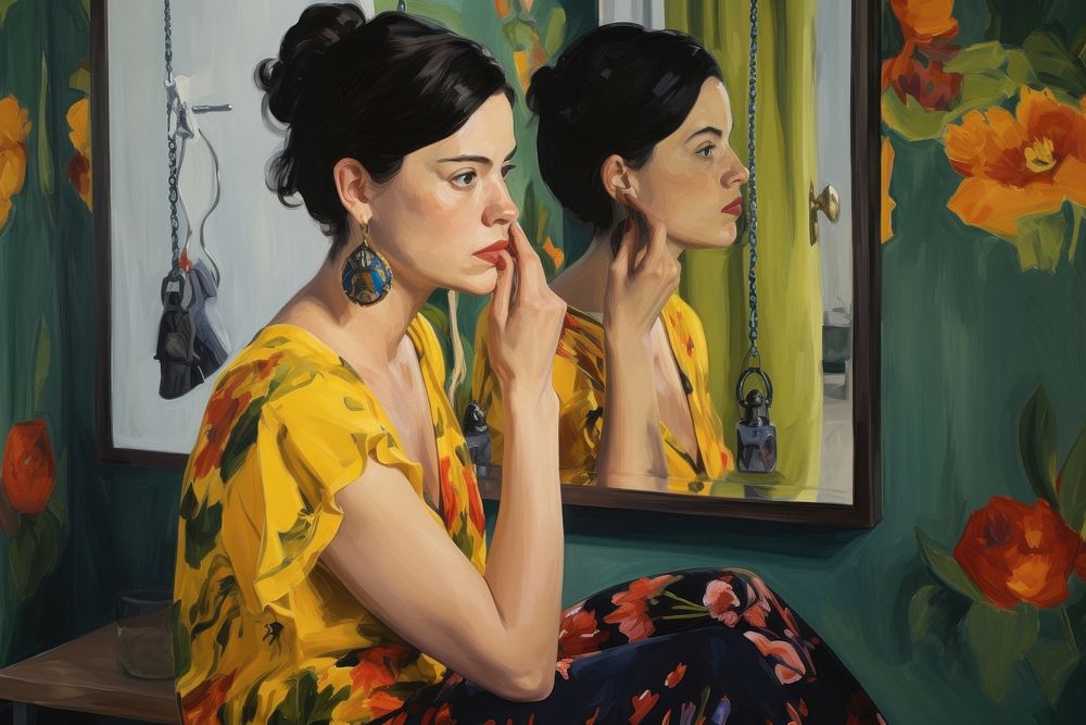 Woman putting her earing in front of mirror painting yellow adult. AI generated Image by rawpixel.