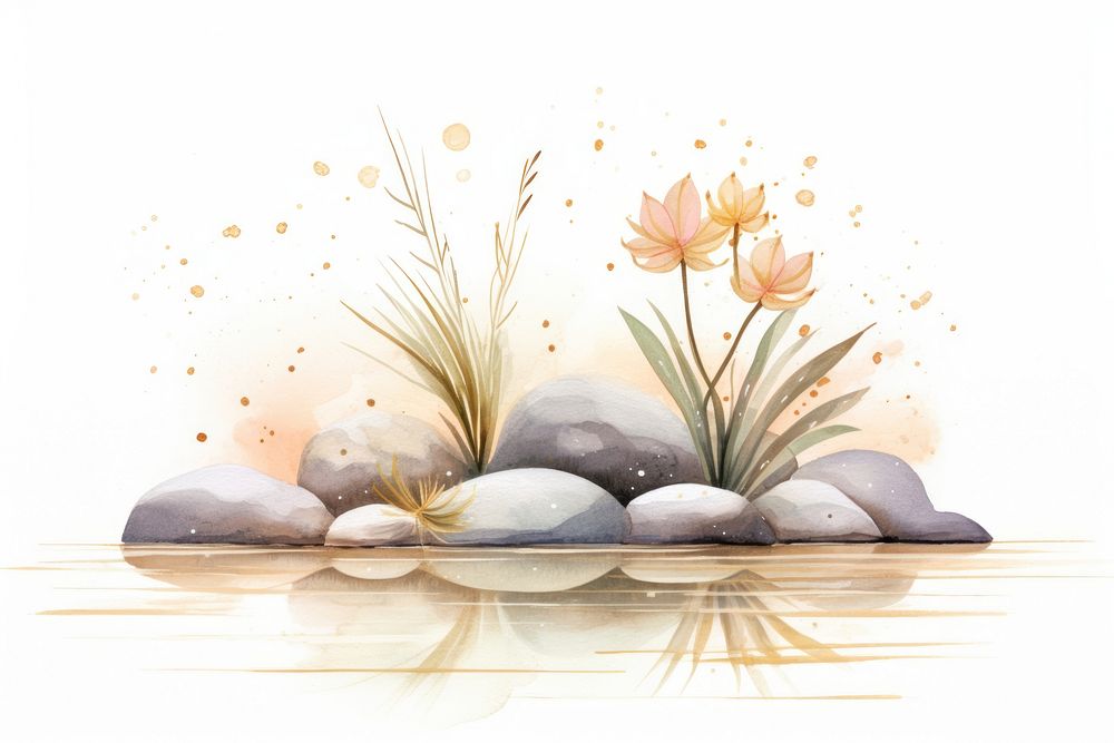 Two rocks and plants jutting into water flower white background tranquility. 