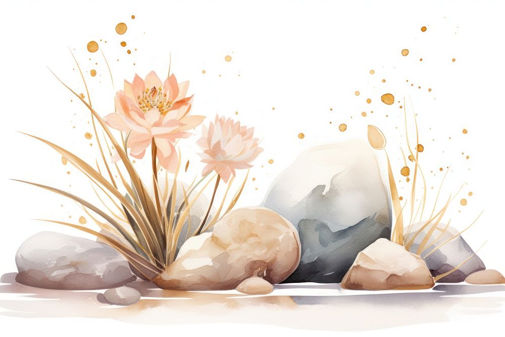 Two rocks and plants jutting into water flower white background tranquility. AI generated Image by rawpixel.