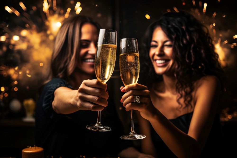 Two women toasting champagne glasses party bottle drink. AI generated Image by rawpixel.