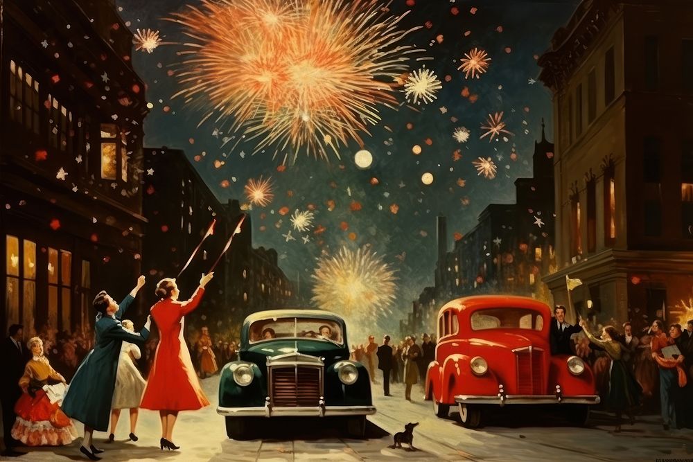 New year celebration fireworks vehicle street. AI generated Image by rawpixel.