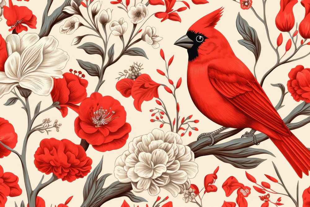 Red bird and flower pattern art backgrounds. AI generated Image by rawpixel.
