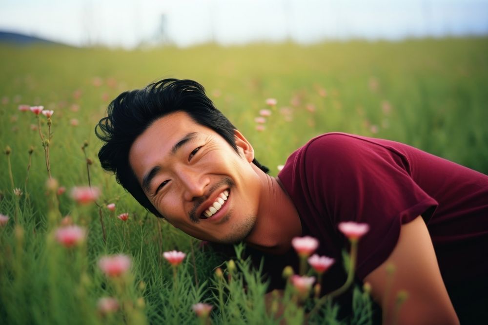 East asian man portrait flower grass. AI generated Image by rawpixel.