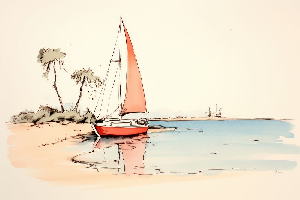 Bay sketch watercraft sailboat. AI generated Image by rawpixel.