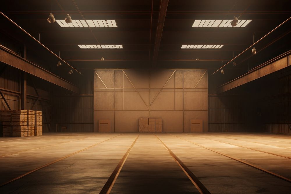 Warehouse with Dramatic Lighting warehouse lighting architecture. AI generated Image by rawpixel.