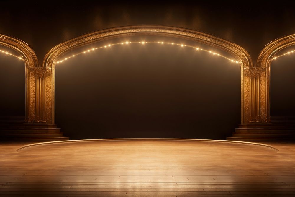 Stage with illuminated spotlights architecture lighting gold. 