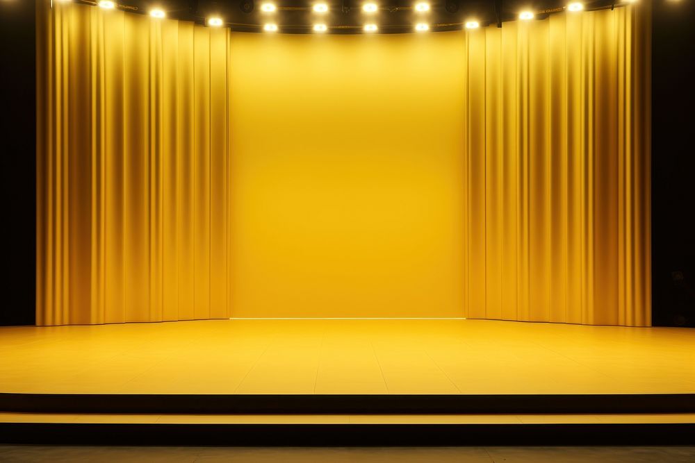 Stage with illuminated spotlights lighting gold architecture. 