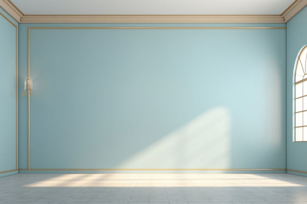 A light blue wall in the interior with beautiful built-in lighting and a smooth floor architecture building old