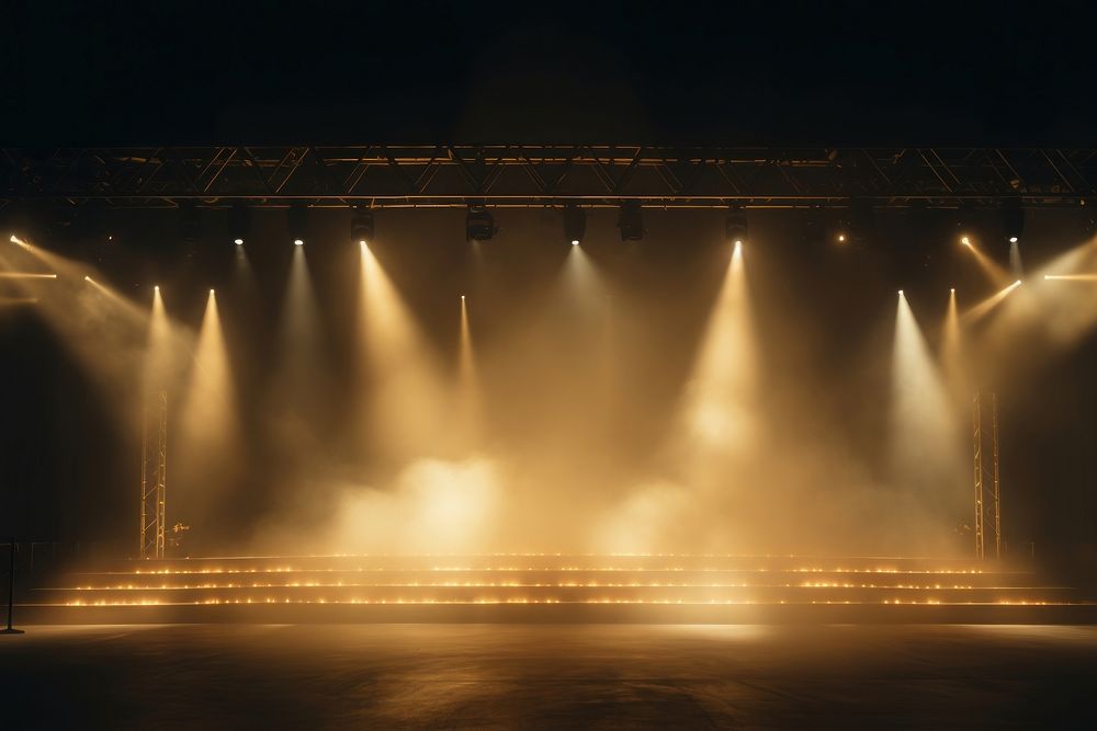 Concert stage with illuminated spotlights and smoke lighting entertainment architecture. 