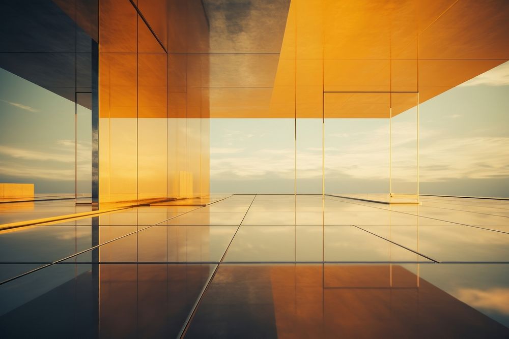 Abstract futuristic glass architecture with empty concrete floor flooring building horizon. AI generated Image by rawpixel.