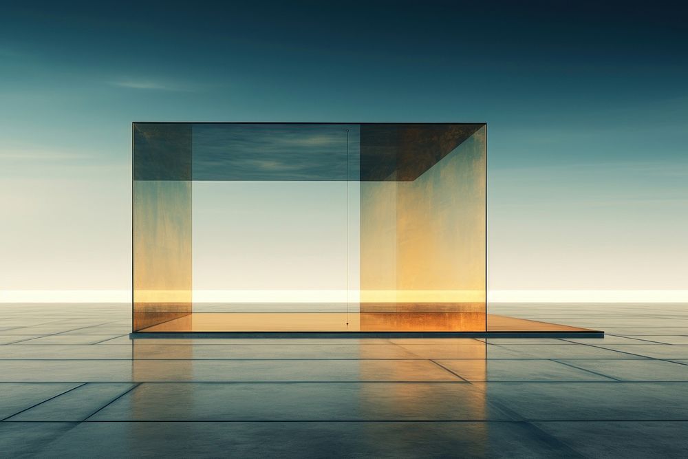Abstract futuristic glass architecture with empty concrete floor building horizon sky. AI generated Image by rawpixel.
