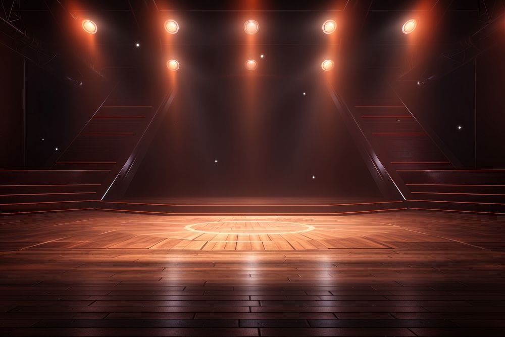 Stage with illuminated spotlights lighting floor night