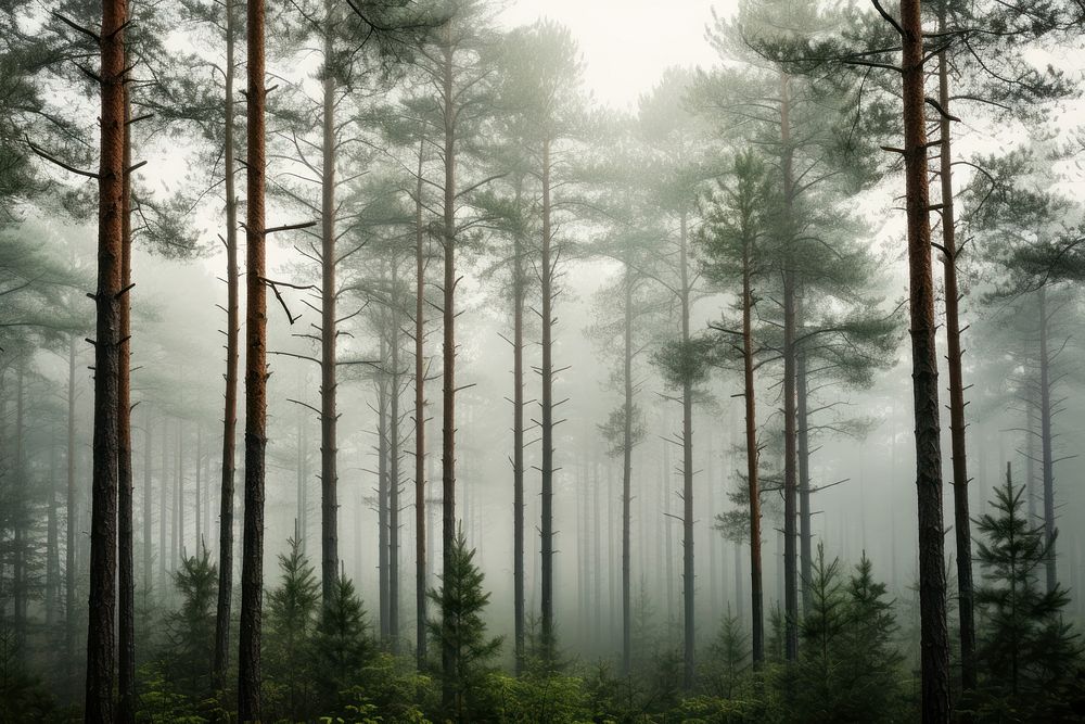 Foggy pine forest background outdoors woodland nature. AI generated Image by rawpixel.
