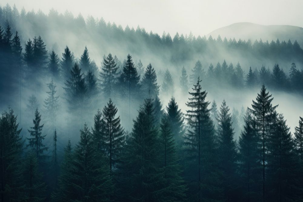 Foggy pine forest background backgrounds outdoors woodland. AI generated Image by rawpixel.