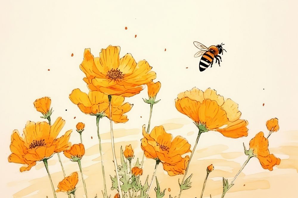 Flowers and bee animal insect sketch. AI generated Image by rawpixel.