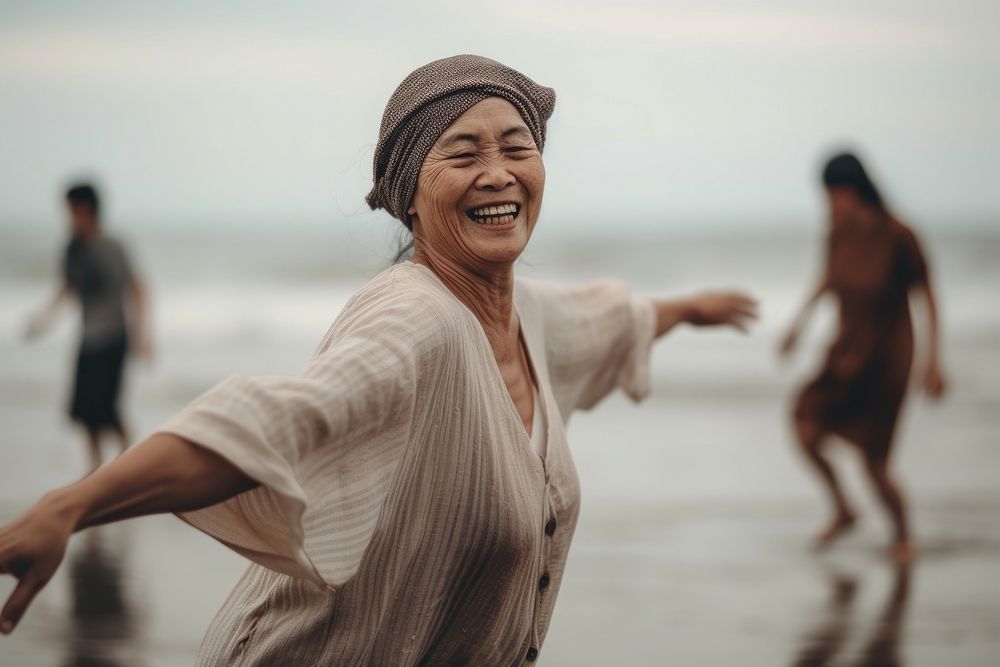 East asian women laughing adult beach. AI generated Image by rawpixel.