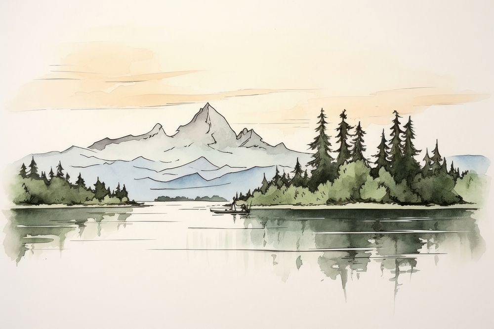 Lake and mountain sketch landscape outdoors. AI generated Image by rawpixel.
