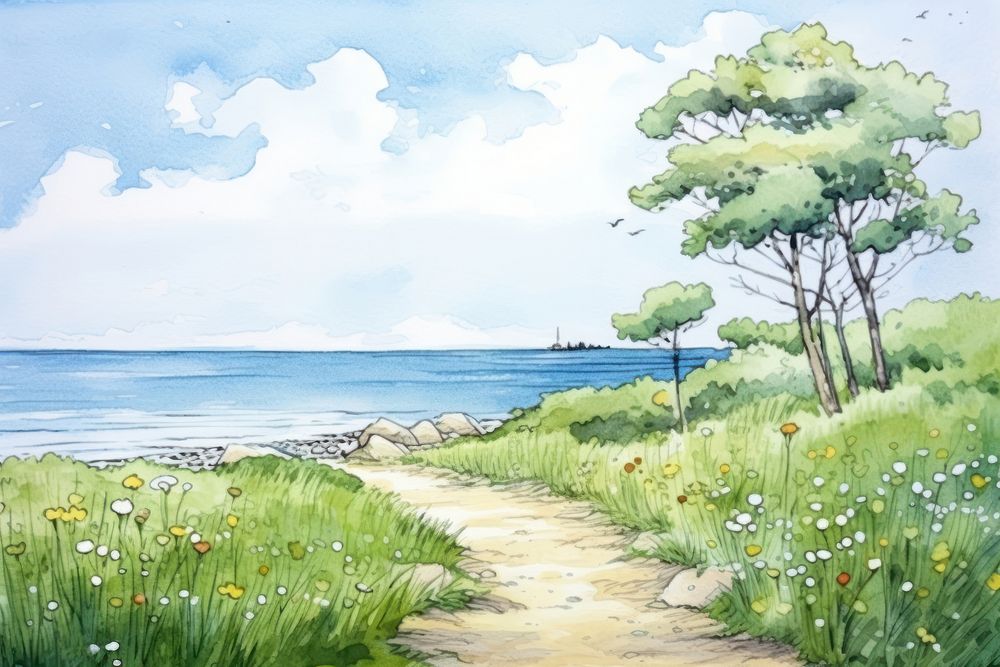 Meadow and ocean landscape outdoors painting. AI generated Image by rawpixel.