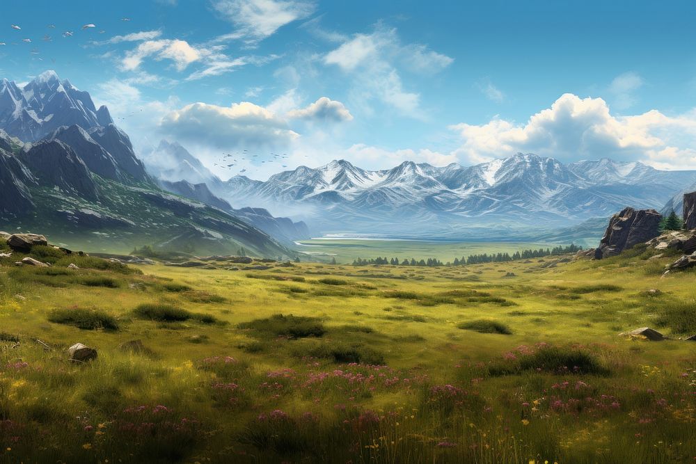 Mountain field landscape grassland. AI generated Image by rawpixel.