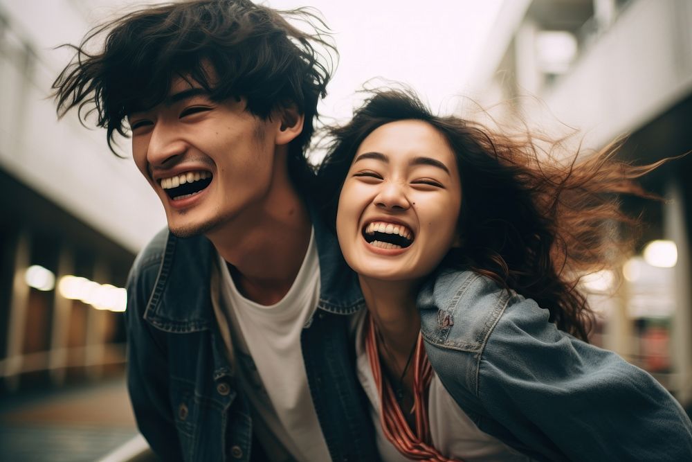 Couple japanese caming looking happy and fun laughing adult togetherness. AI generated Image by rawpixel.