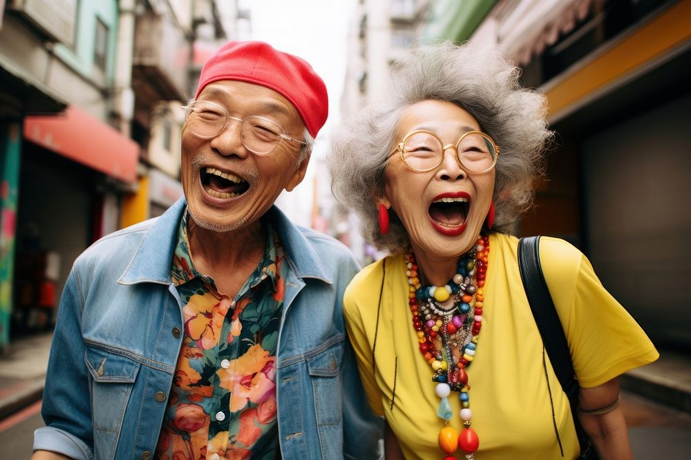 Couple japanese caming looking happy and fun laughing glasses adult. AI generated Image by rawpixel.
