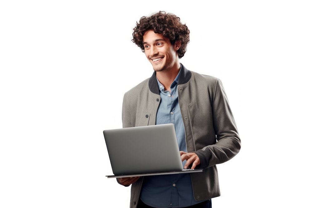 Young man holding a laptop computer standing typing. AI generated Image by rawpixel.