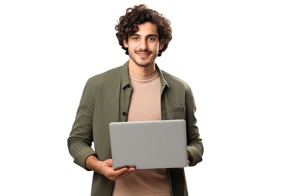 Young man holding a laptop computer standing portrait. AI generated Image by rawpixel.