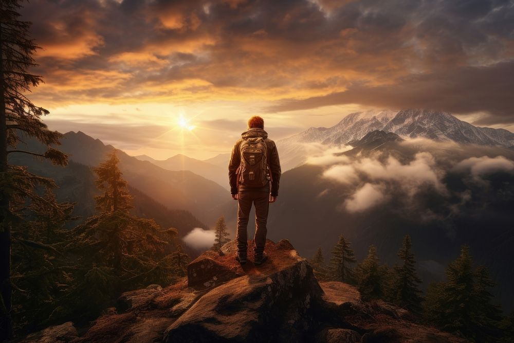 Male hiker mountain landscape adventure. AI generated Image by rawpixel.