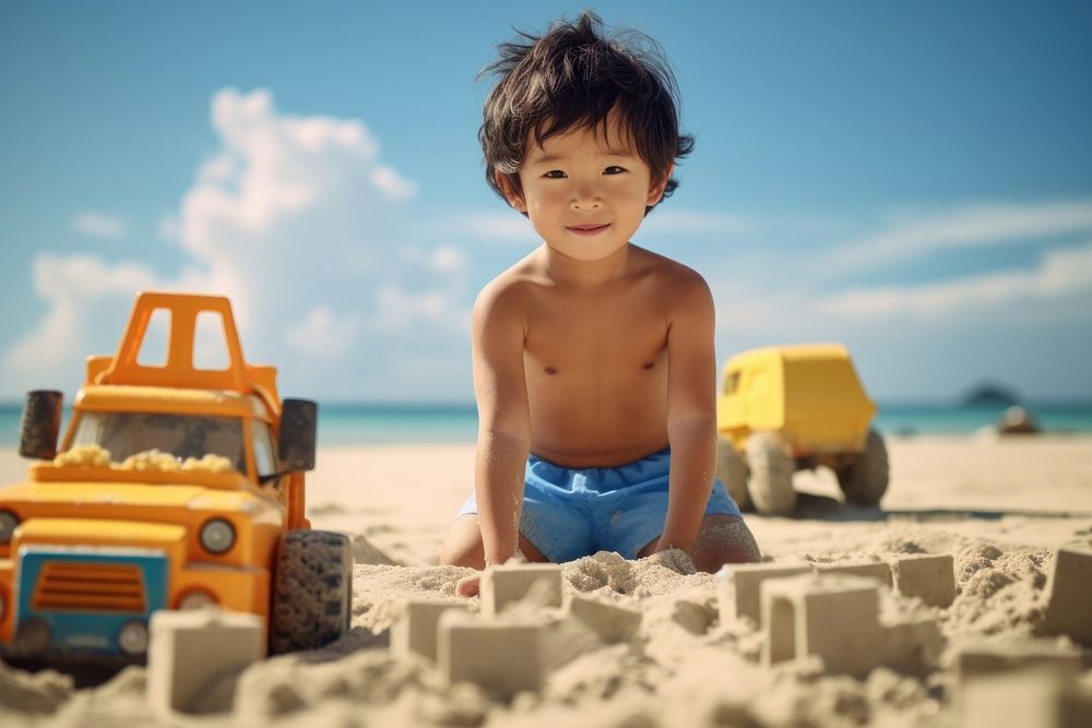 East asian boy playing beach portrait outdoors. 