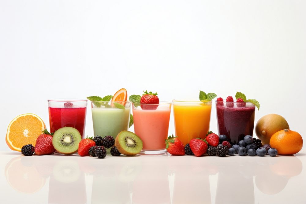A Fresh ripe healthy fruits and juices in glasses blueberry smoothie drink. AI generated Image by rawpixel.