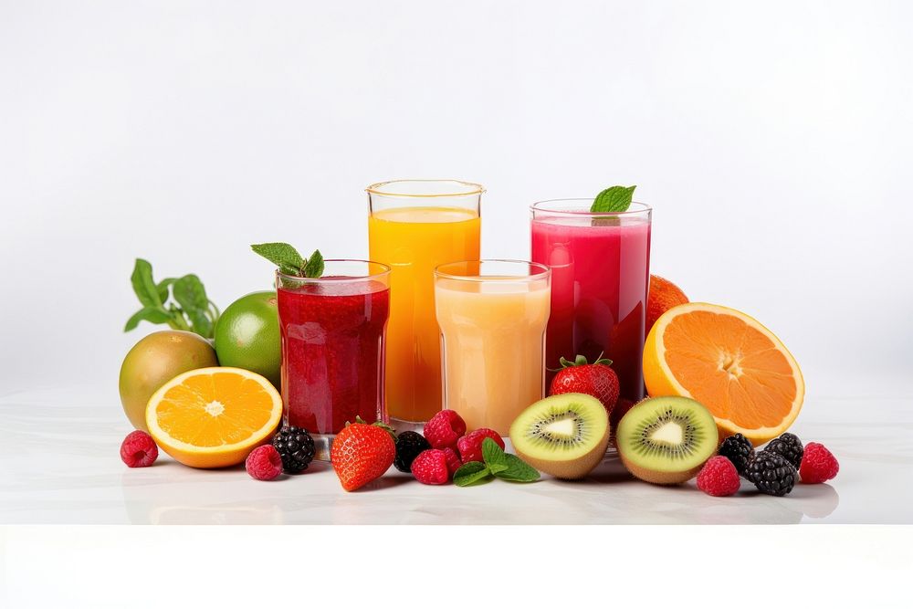 A Fresh ripe healthy fruits and juices in glasses strawberry grapefruit smoothie. AI generated Image by rawpixel.