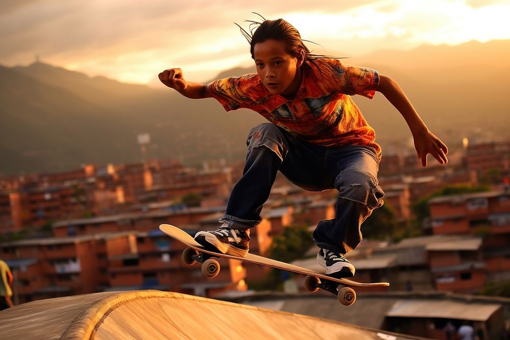 Colombian kid skateboard outdoors sports. AI generated Image by rawpixel.