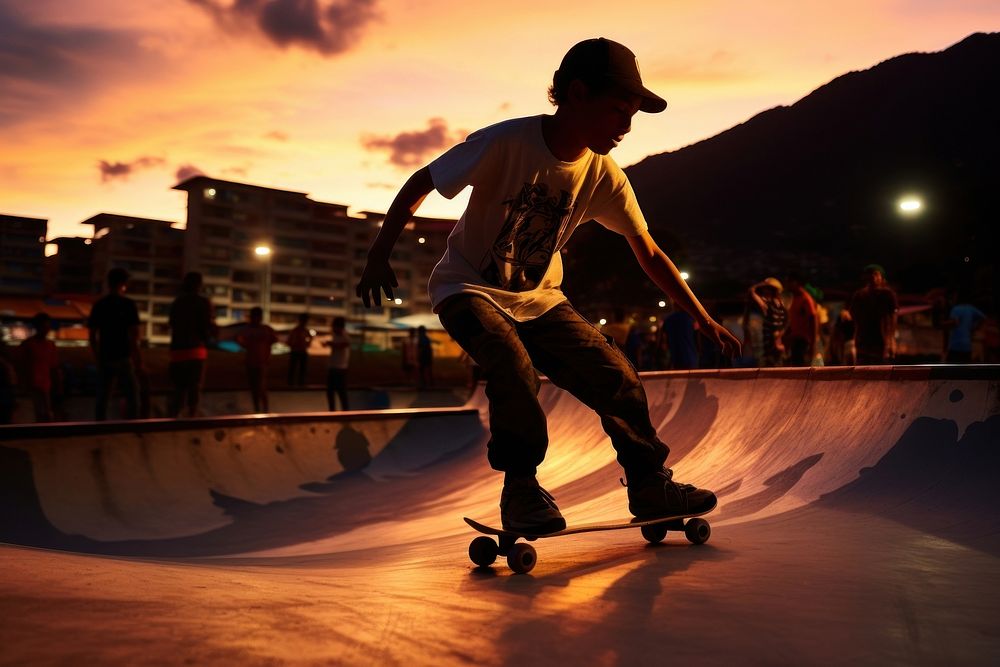 Colombian kid outdoors skating sports. AI generated Image by rawpixel.