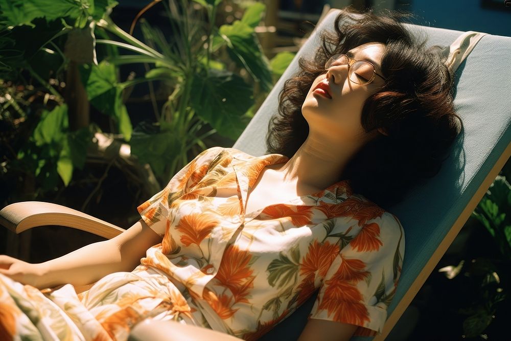 Japanese girl sunbathing furniture adult tranquility. AI generated Image by rawpixel.