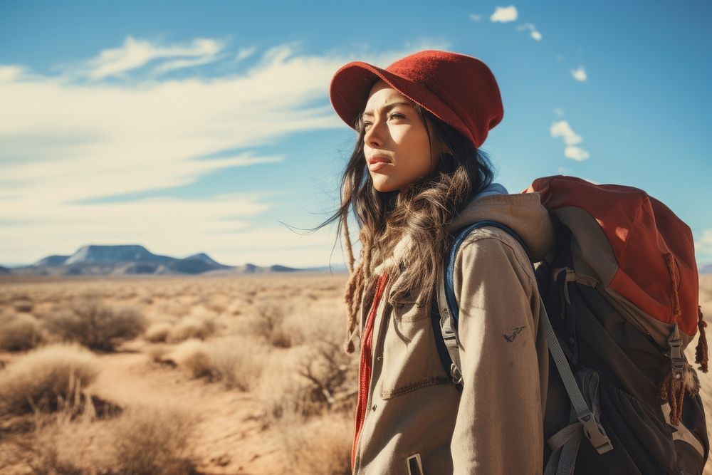Latino woman hiking adventure backpack. AI generated Image by rawpixel.