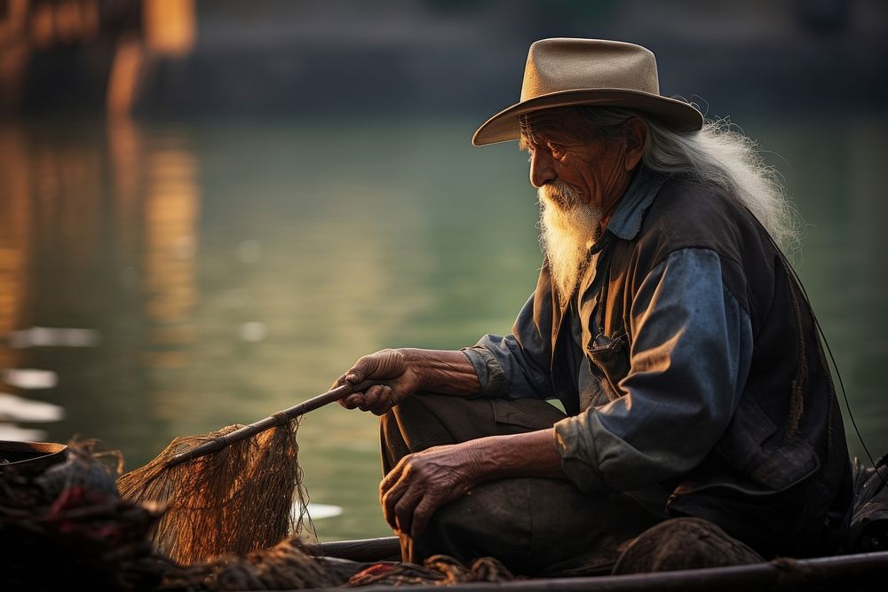 Mexican elder fishing outdoors adult. AI generated Image by rawpixel.