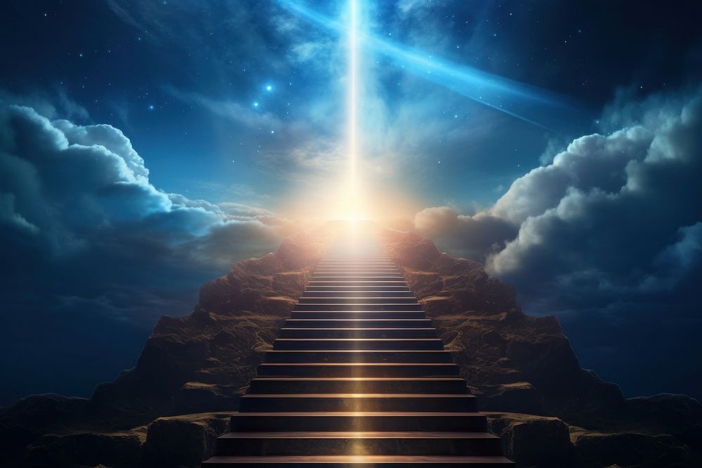 Stairs to heaven with a glowing light at the top architecture staircase outdoors. AI generated Image by rawpixel.