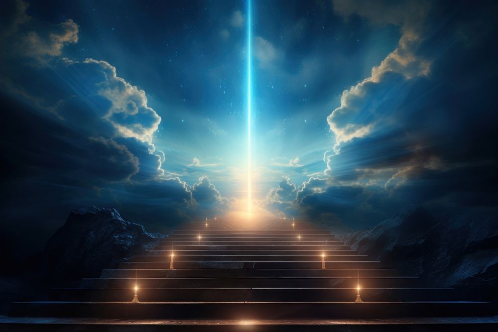 Stairs to heaven with a glowing light at the top outdoors nature sky. AI generated Image by rawpixel.