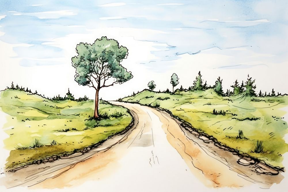 Road sketch landscape outdoors. AI generated Image by rawpixel.