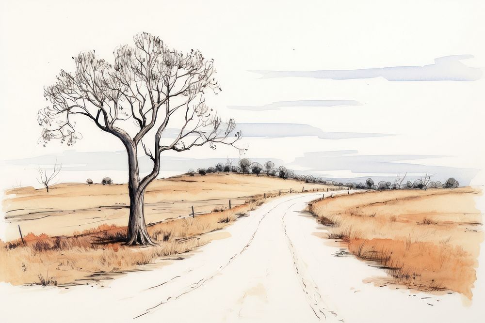 Road sketch landscape outdoors. AI generated Image by rawpixel.
