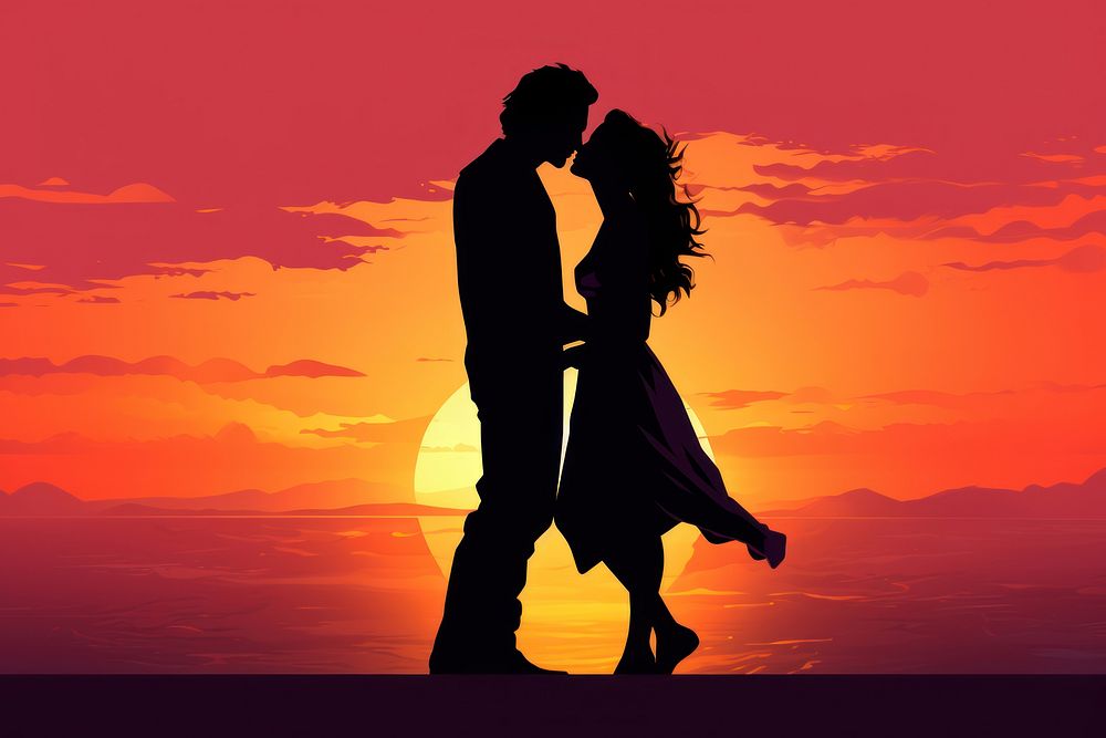 Couple backlighting silhouette sunset. AI generated Image by rawpixel.