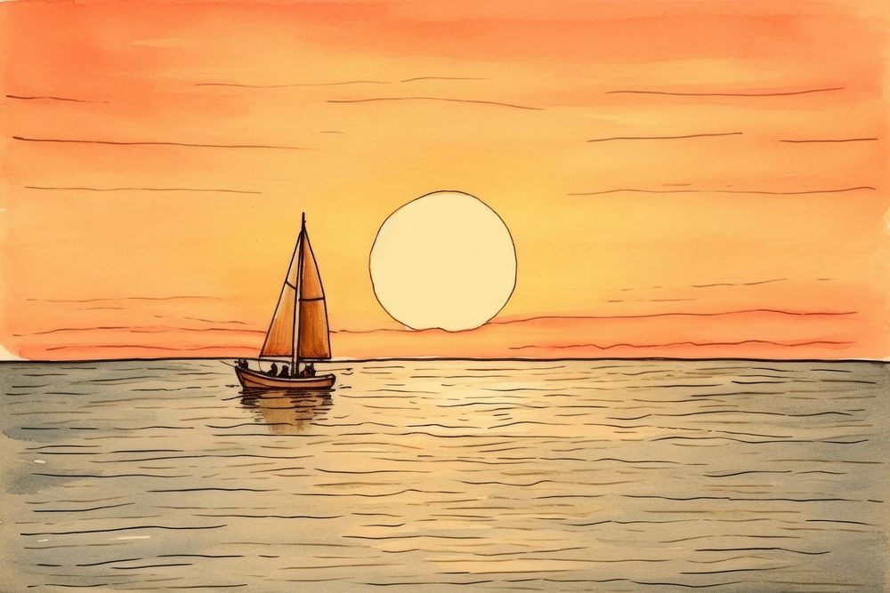 Sunset watercraft sailboat painting. AI generated Image by rawpixel.