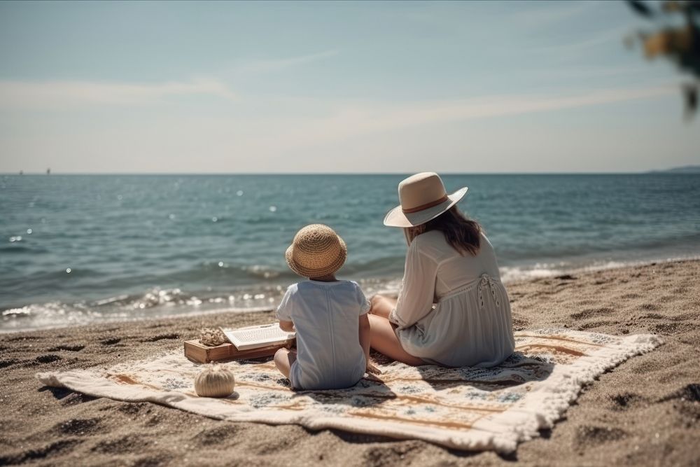 Mom sitting beach sea. AI generated Image by rawpixel.