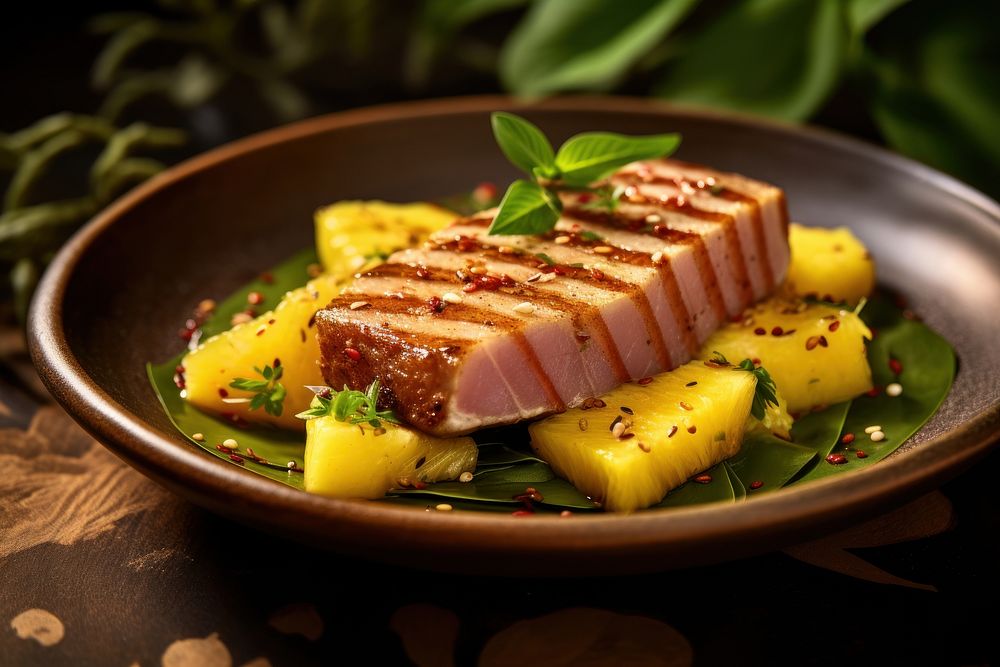 Seared tuna with Fijian-Style potato curry fruit plant plate. AI generated Image by rawpixel.
